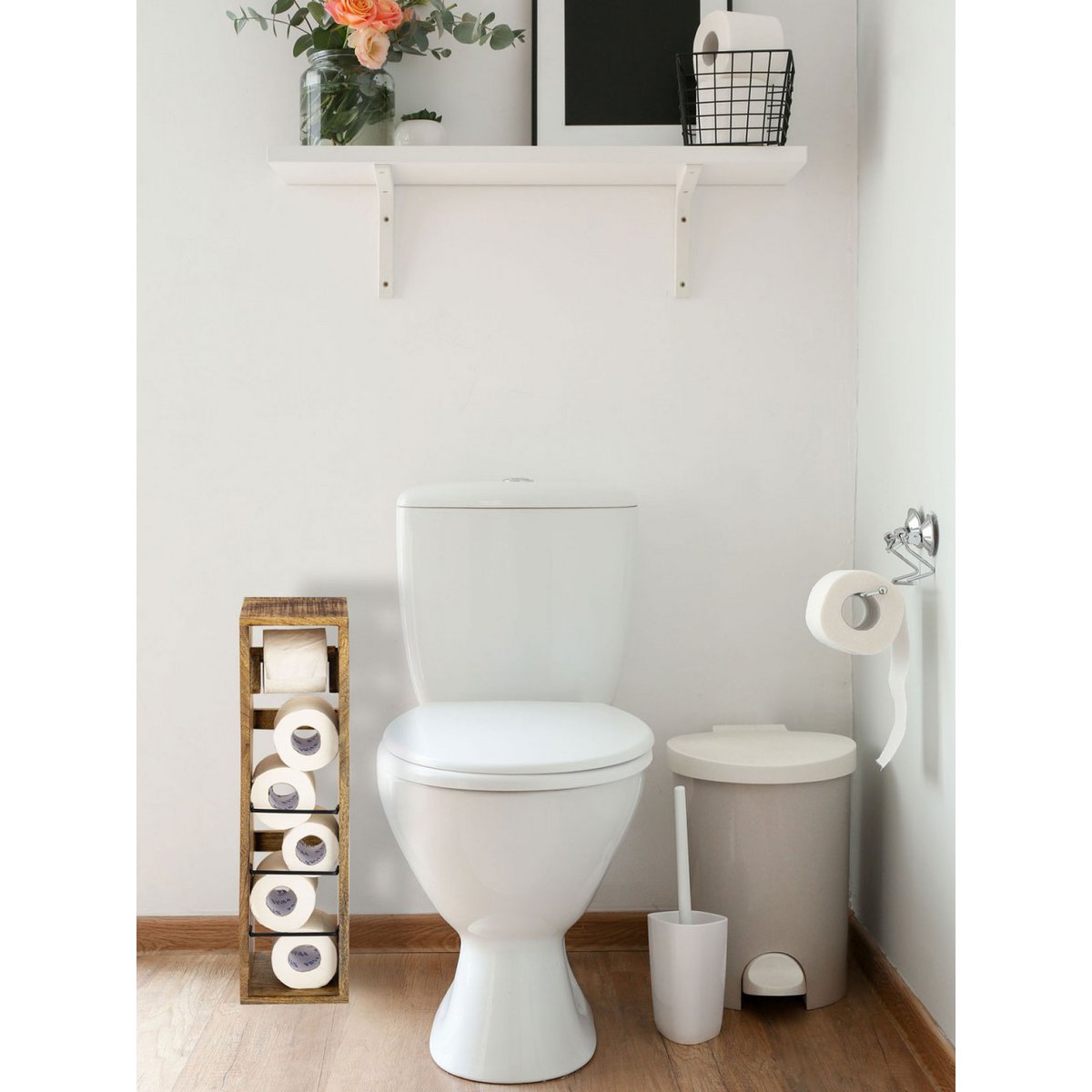 Klopapierhalter Toilettenpapierhalter Holz 17x17 H 65 cm Klorollenhalter quadratisch Mangoholz