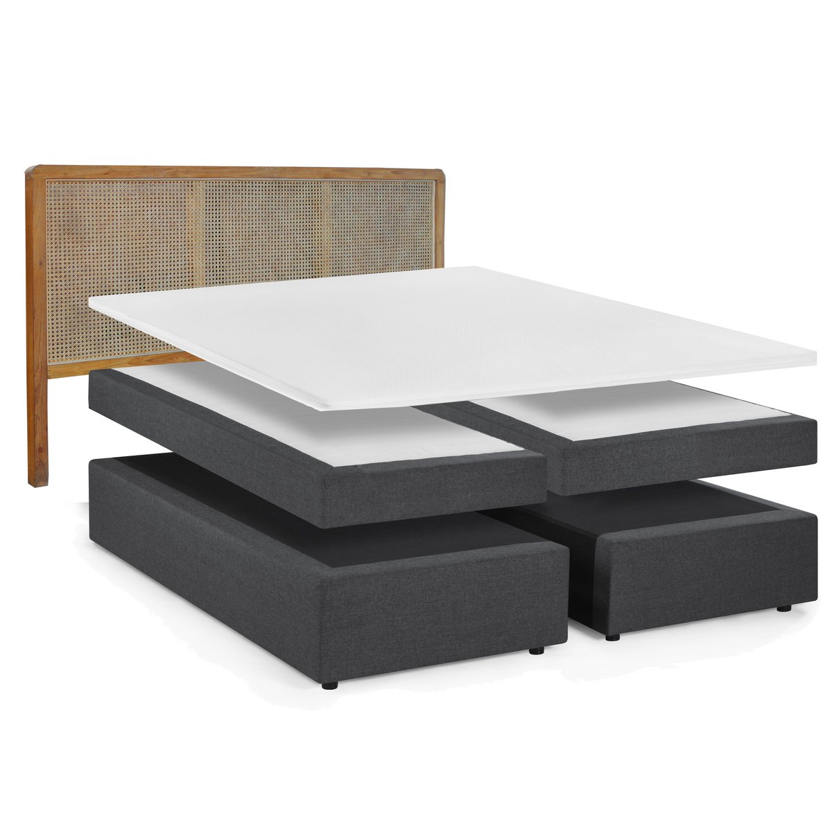 Boxspringbett mit Rattan-Kopfteil
