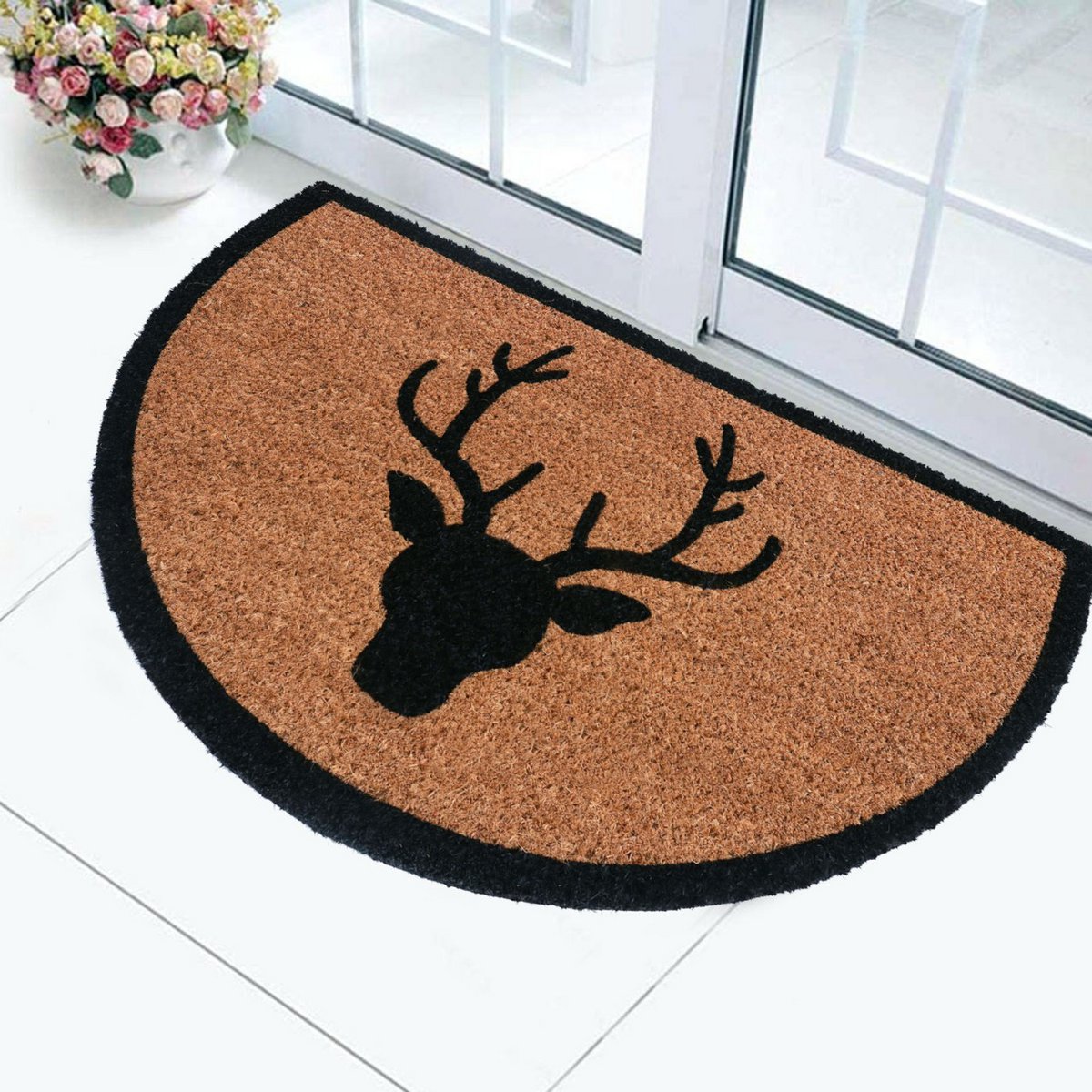 Kokosmatte Set 10 Stück Fußmatte halbrund 75 x 45 cm Türvorleger Fußabtreter Hirsch Motiv Haustür