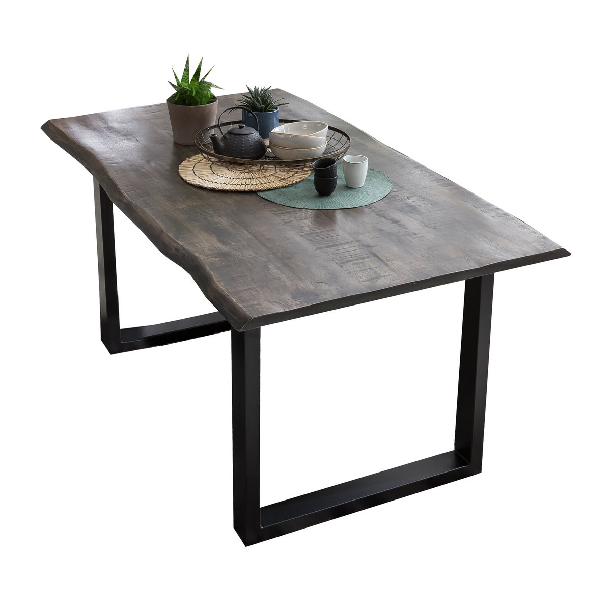 Tisch 160x85 cm, Mango grau sägerau, Gestell schwarz