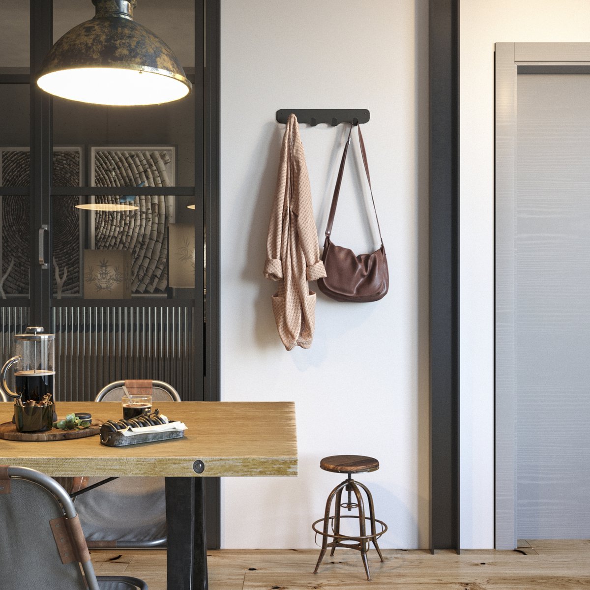 Gorillz Rounded Four Industrielle Wandgarderobe 4 Kleiderhaken – Schwarz