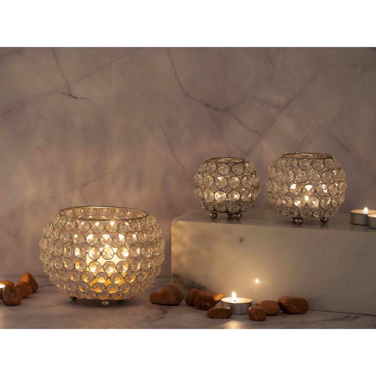Teelichthalter Kerzenhalter Set 3-teilig Crystal Kerzenständer gold o. silber Vintage Kristall