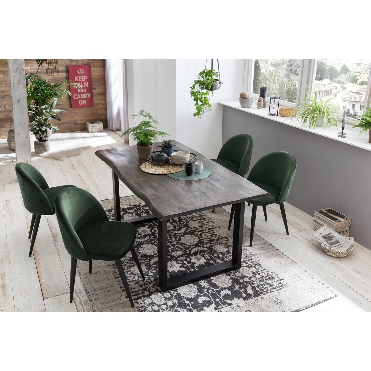 Tisch 160x85 cm, Mango grau sägerau, Gestell schwarz