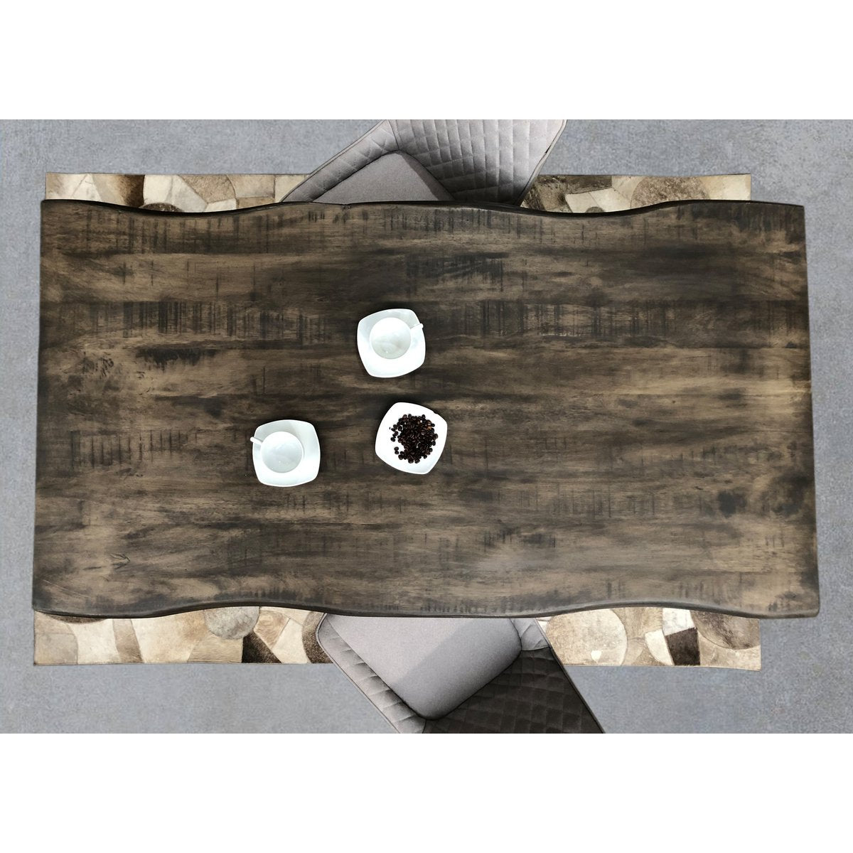 Tisch 160x85 cm, Mango grau sägerau, Gestell schwarz