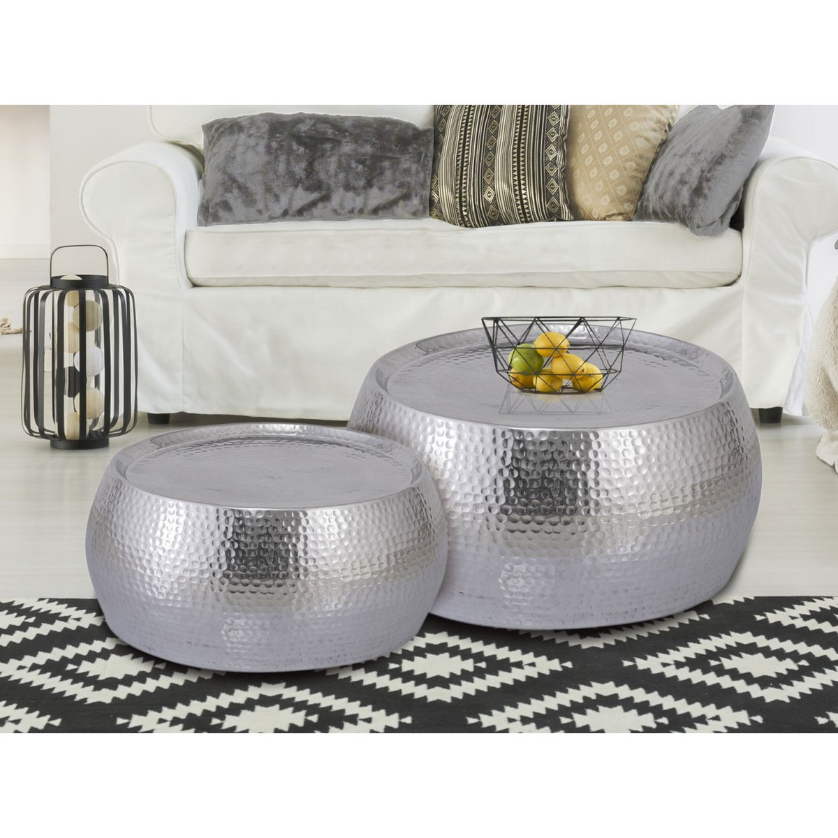 Couchtisch 2er Set Dakar rund ø 55/43 x H 30/28 cm silber Aluminium gehämmert