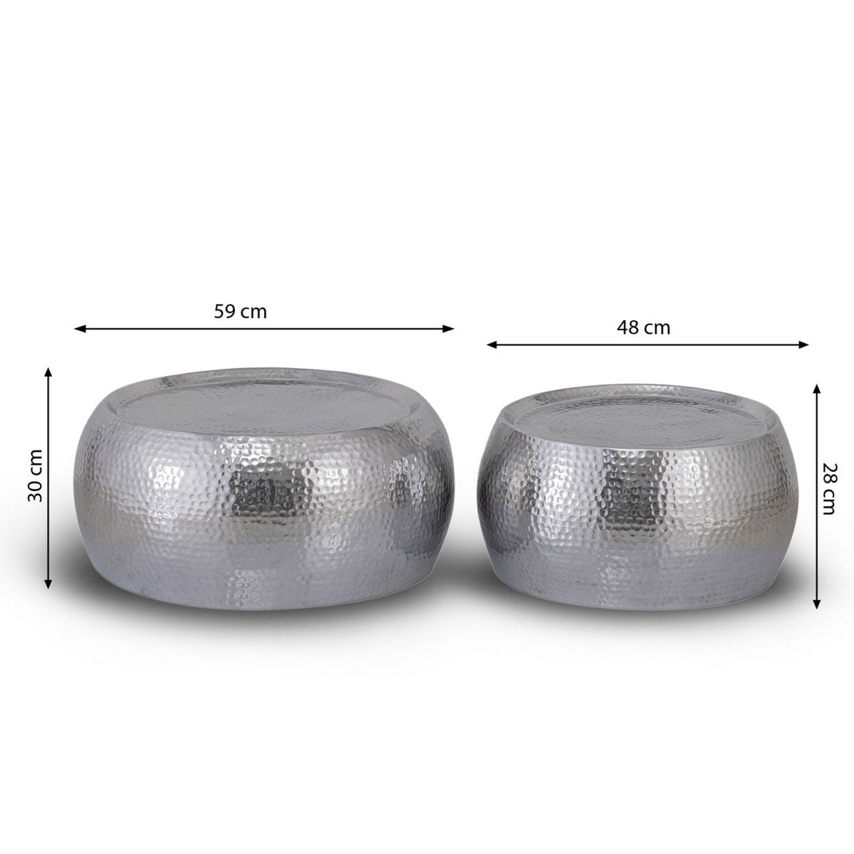 Couchtisch 2er Set Dakar rund ø 55/43 x H 30/28 cm silber Aluminium gehämmert
