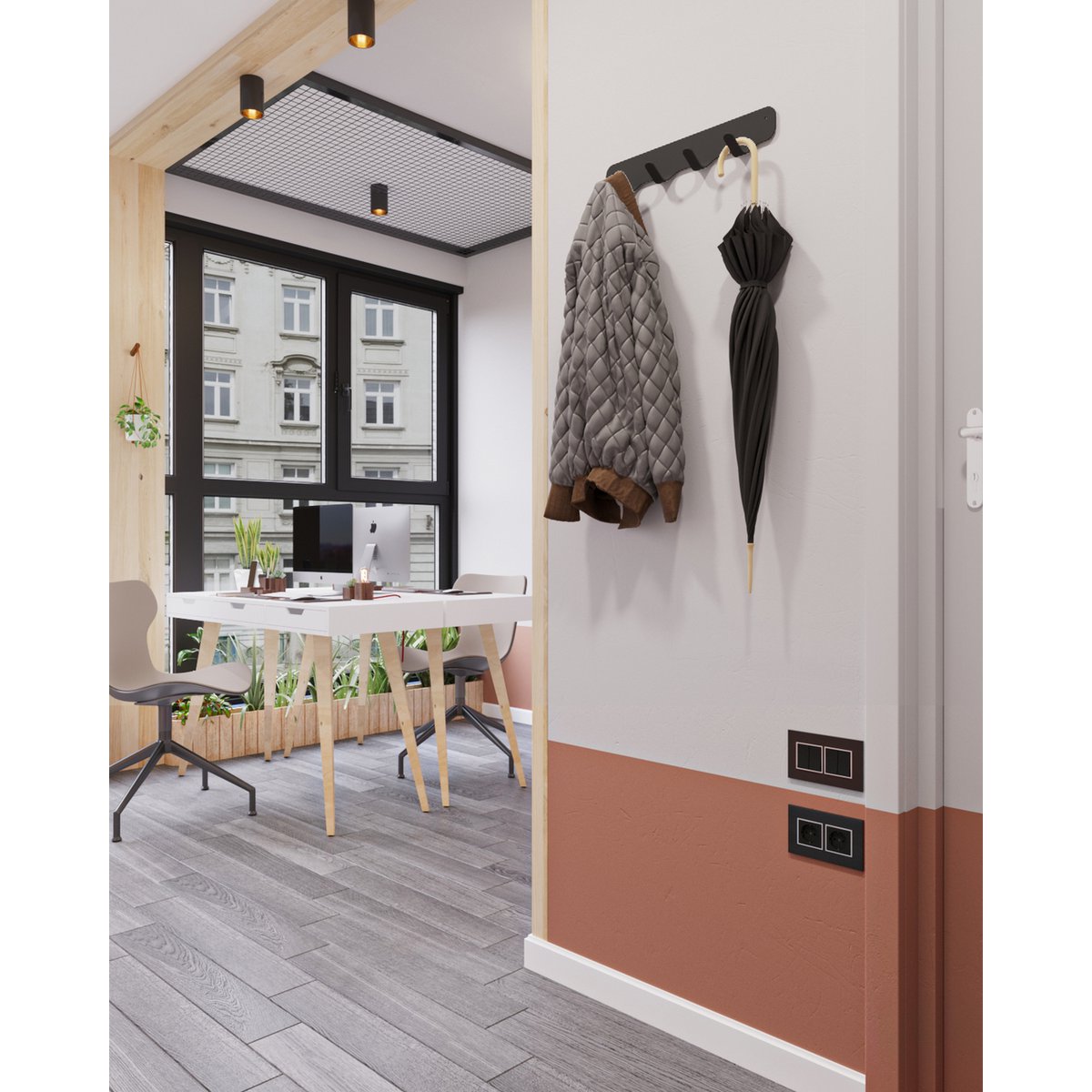 Gorillz Rounded Four Industrielle Wandgarderobe 4 Kleiderhaken – Schwarz