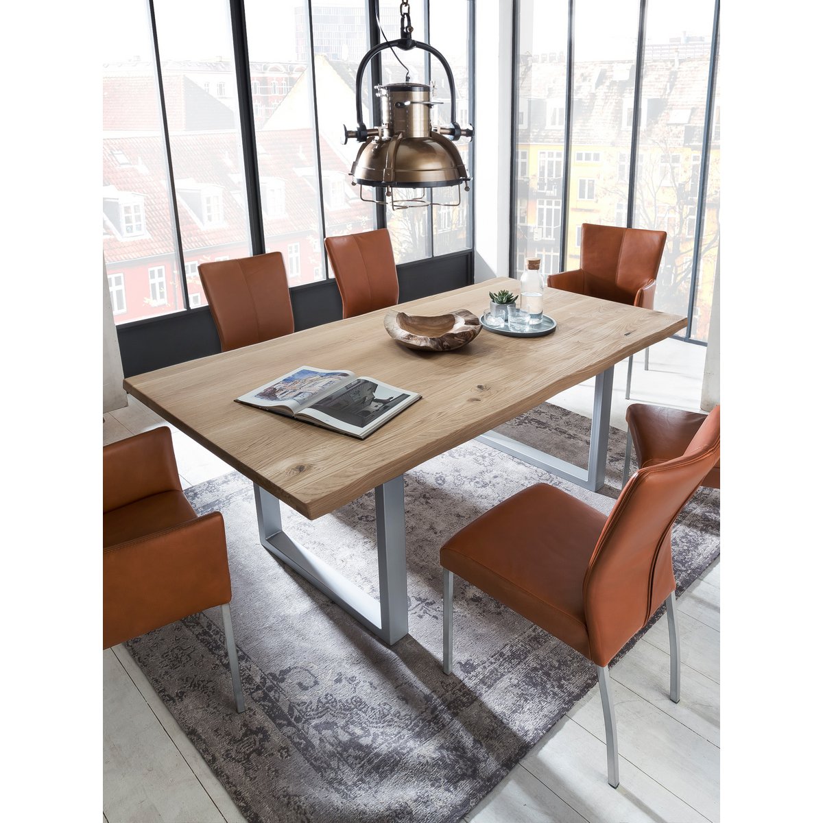 Tisch 180x90 cm, Wildeiche, silbernes Gestell