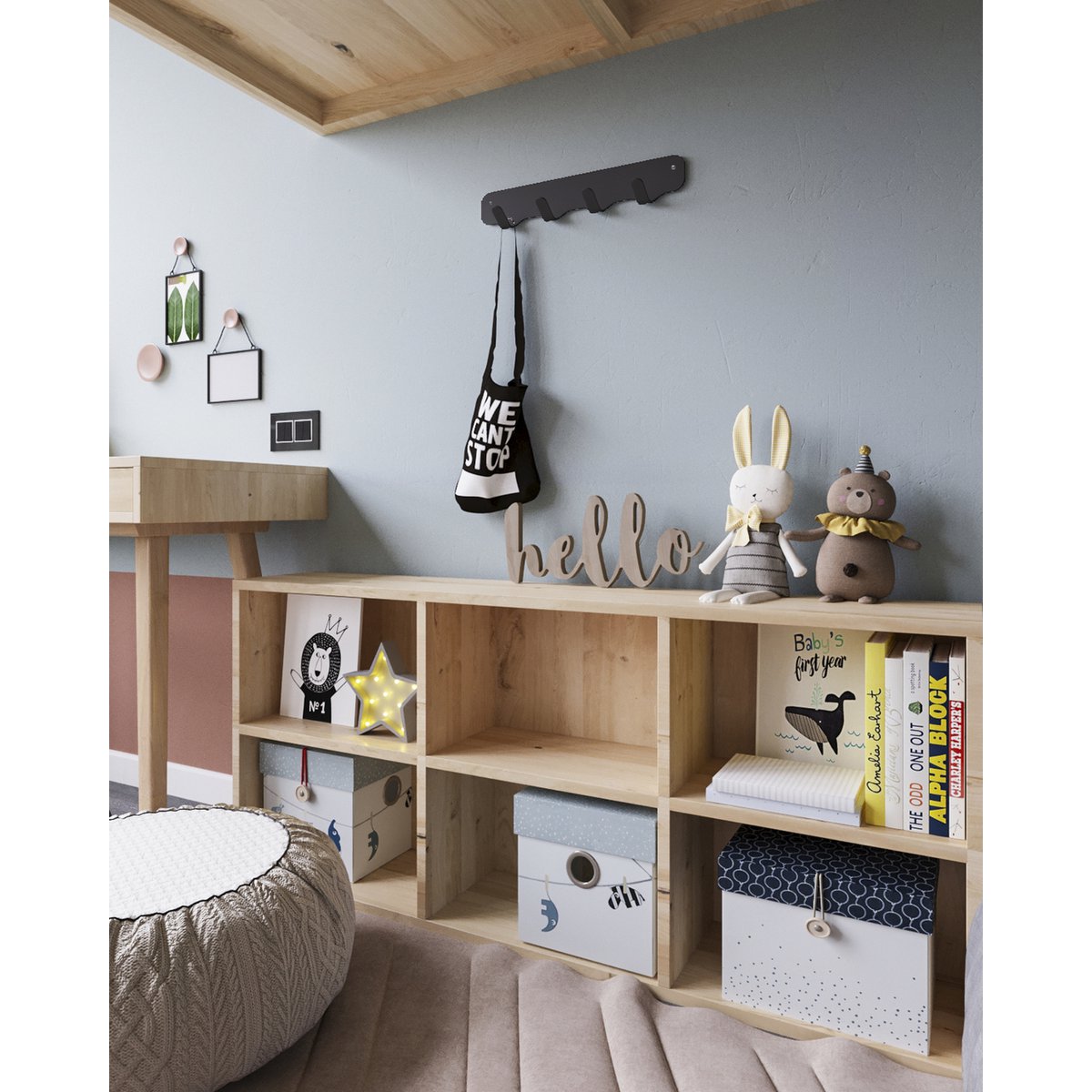 Gorillz Rounded Four Industrielle Wandgarderobe 4 Kleiderhaken – Schwarz