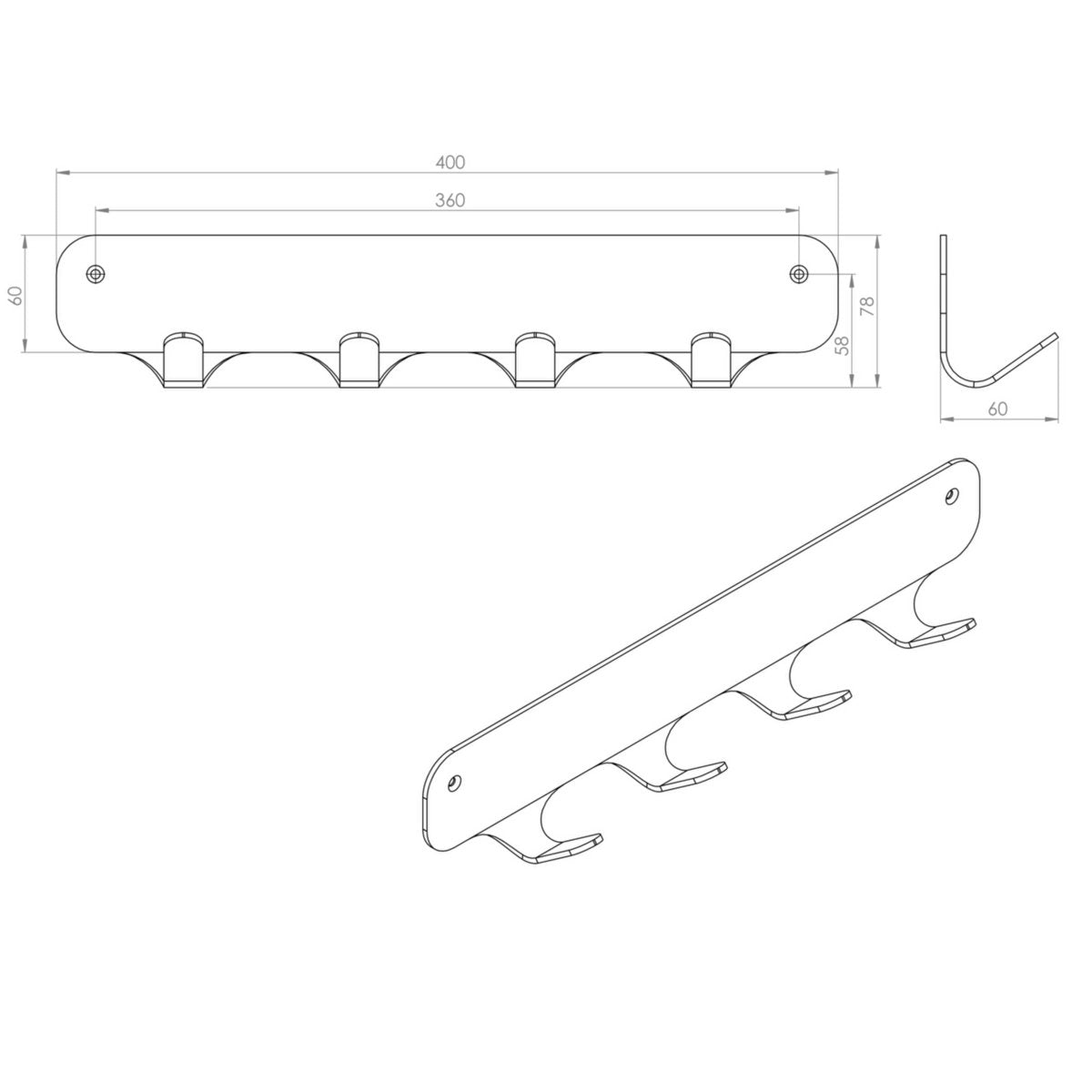 Gorillz Rounded Four Industrielle Wandgarderobe 4 Kleiderhaken – Schwarz