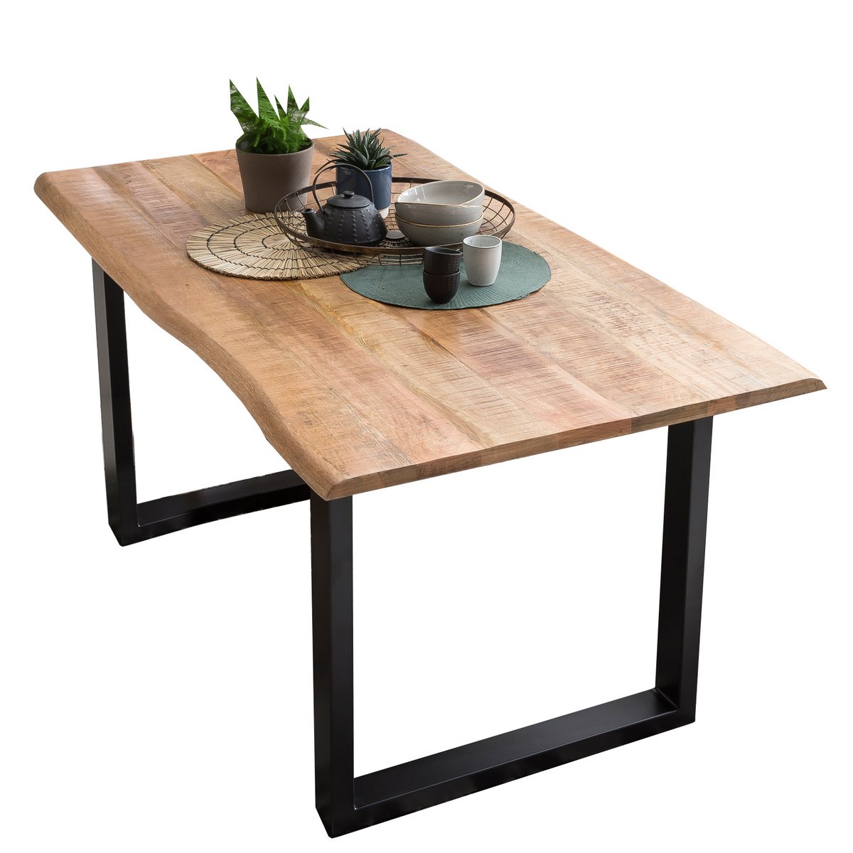 Tisch 160x85 cm, Mango natur sägerau, Gestell schwarz