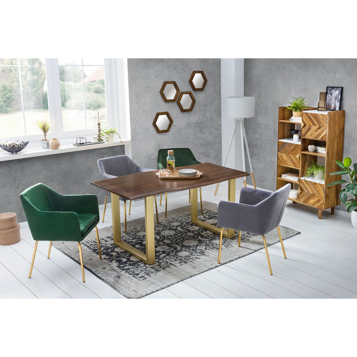 Tisch 160 x 85 cm, Platte nussbaumfarbig, Gestell messingfarbig