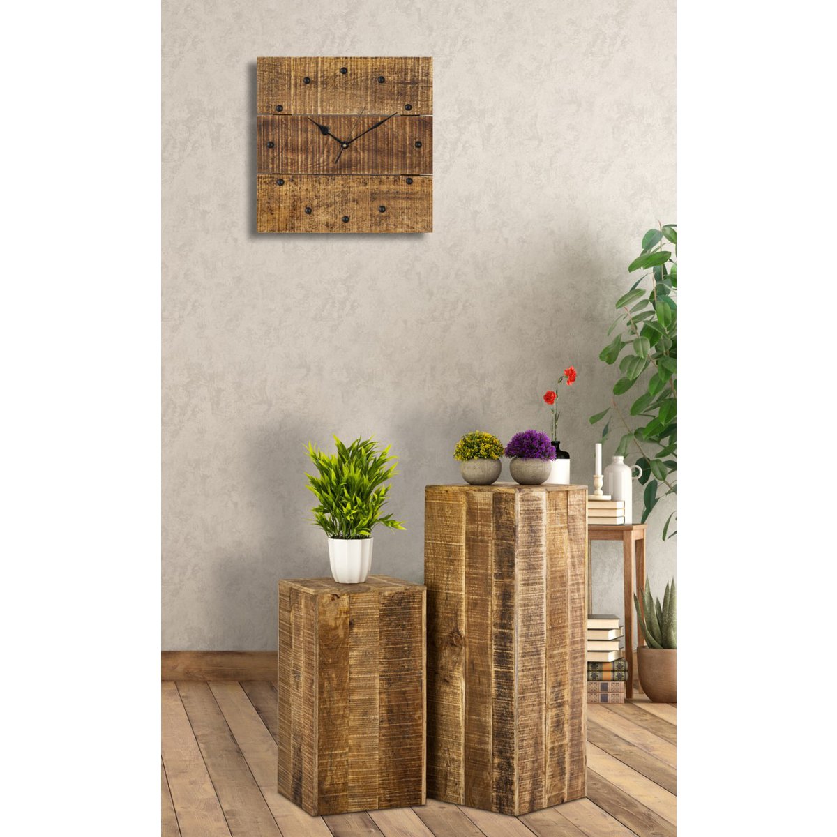Holzuhr Wanduhr 30x30cm Holz Wohnzimmer lautlos quadratisch aus Mangoholz massiv